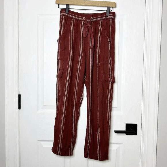 SANCTUARY ANTHROPOLOGIE XS Linen‎ Blend Burgundy Stripe Cropped Cargo Pant - Picture 2 of 6